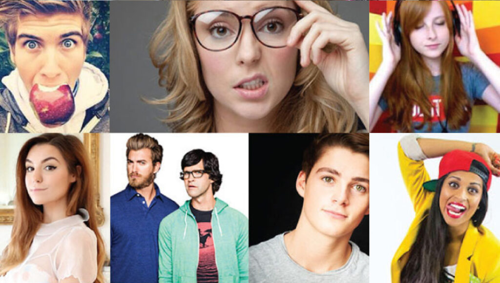 Collage of famous YouTube influencers like - Lily Singh, Grace Helbig, Joey Graceffa, Marzia Kjellberg. Discover YouTube influencer marketing with Touchstorm.