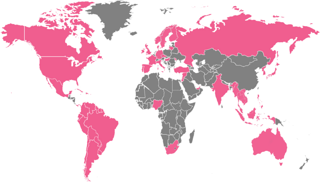 A world map depicting global coverage capability of Touchstorm in pink. Highlighted about 30 countries where Touchstorm can help brands with youtube growth and youtube channel management services.